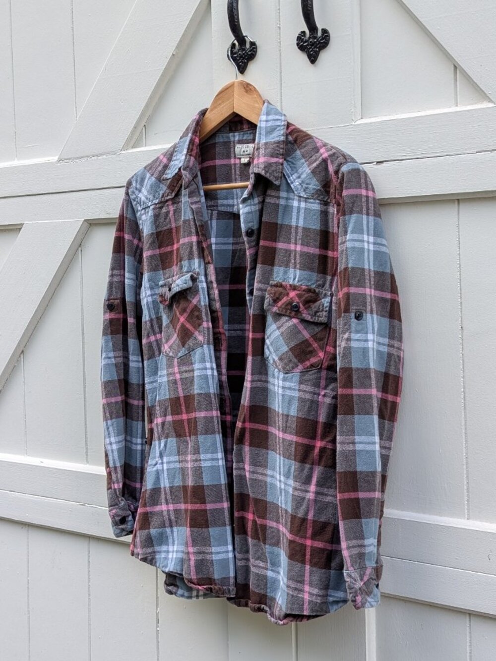 Matchstick Blue Brown Pink 100% Cotton Plaid Flannel Roll Tab Shirt L